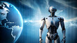 © sarinya - Futuristic humanoid robot against a backdrop symbolizing globalization and technology development, futuristic