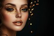 © MUdaylah - Fashion portrait of beautiful woman with golden make-up on dark background with generative ai