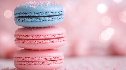 Stack of three pastel macarons, one blue and two pink, on a white surface with a pink bokeh background.