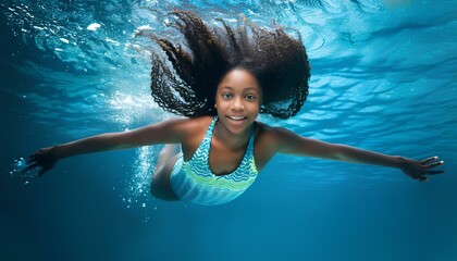 Photo of underwater girl with long hair developing and swimming 