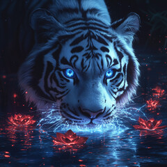 Majestic White Tiger with Piercing Blue Eyes Emerging from Mystical Water with Glowing Lotus Flowers