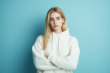 Blonde girl in hoodie with one emotion