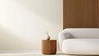 © Prim2513 - Minimalist living room featuring a neutral sofa, round wooden side table with a small vase, and a wooden slatted accent wall, creating a clean and serene space with natural light.