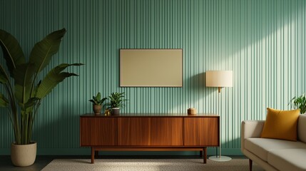 Mid-century modern living room featuring a teal accent wall, wooden console with decor, indoor plants, and cozy lighting with a standing lamp.