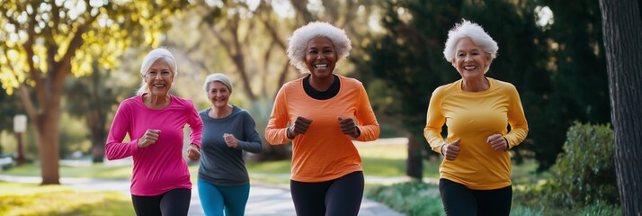 Wall Mural - Four older women are running together in a park. They are smiling and seem to be enjoying themselves