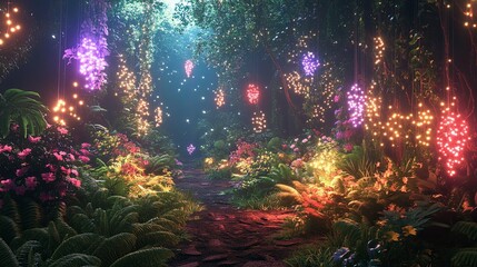 Wall Mural - A Magical Forest Path Adorned with Glowing Lights and Flowers