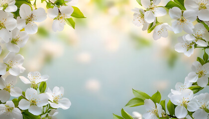 Wall Mural - copy space with white blossoms on spring border background