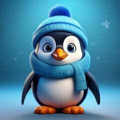 Poster - Cute Cartoon Penguin in a Winter Blue Hat and Scarf 