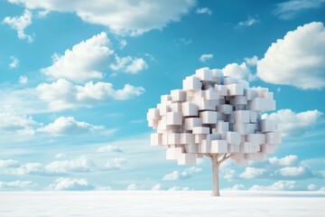 A white tree with a blue sky in the background