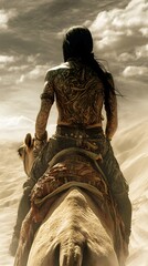 Wall Mural - 3. A desert nomad with intricate tattoos, riding a camel through shifting sand dunes