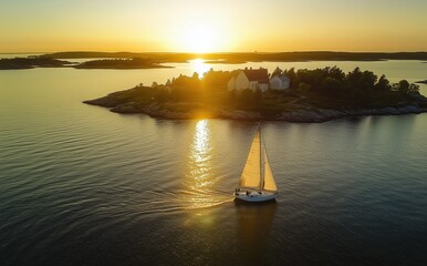 Wall Mural - A sailboat is sailing on a calm lake at sunset