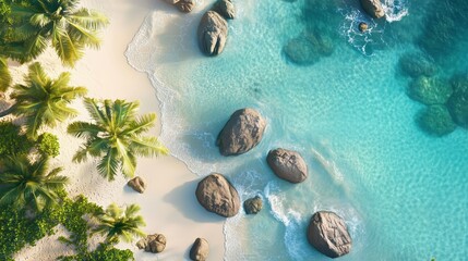 Wall Mural - A beautiful beach with palm trees and rocks