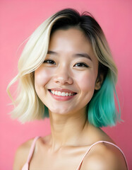 Wall Mural - A young asian woman with short blonde and teal dyed hair, smiling against a bright pink background