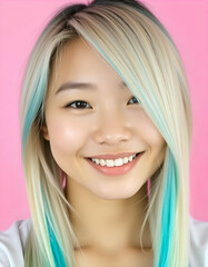 Wall Mural - A young Asian woman with long blonde hair and blue dyed tips, smiling against a pink background