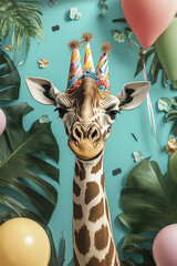 Wall Mural - Creative animal concept with giraffe. Birthday party card, invite invitation banner 