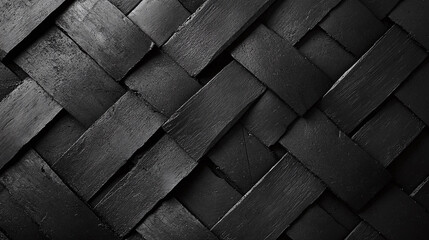 Black background with small cracks, dark black color tone, high contrast, macro lens, abstract art style, black leather material. The pattern of the broken wall is dark and textured