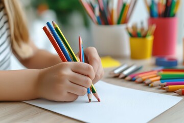 Child's hands holding colored pencils over a blank paper, creative and artistic setting.