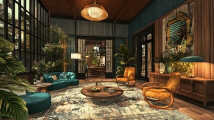 Wall Mural - Sunlit Living Room with Tropical Decor and Mid-Century Furniture