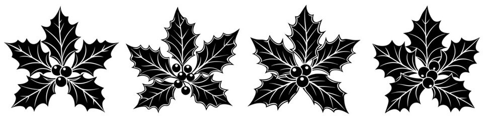 Wall Mural - christmas mistletoe icons set. holly leaves and berries. christmas holly berry leaves. black mistlet
