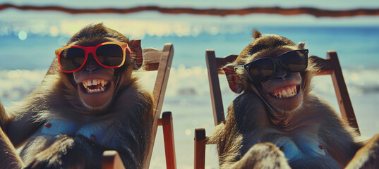 Image of two smiling monkeys in sunglasses, sitting on the beach