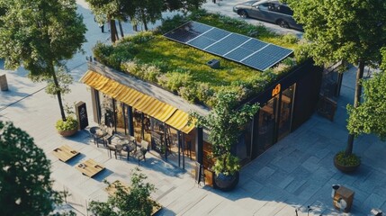 An energy-efficient, solar-powered cafe with a green roof and recycled materials in a trendy urban area.