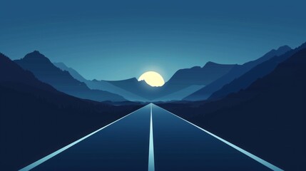 Sticker - A road with mountains in the background and a sun in the sky