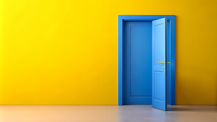 Blue open door symbolizing new life and opportunities in yellow background room, blue, open, door, new life, opportunities