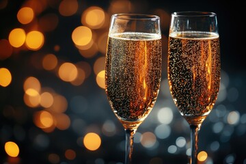 Two glasses of champagne are standing together on a blurred background with lights