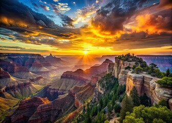 Wall Mural - A stunning sunset casts vibrant hues over the North Rim of the Grand Canyon, illuminating the expansive landscape and creating a breathtaking natural spectacle below.