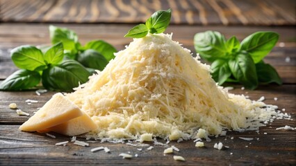 Grated parmesan cheese is forming a hill decorated with fresh green basil leaves on wooden background