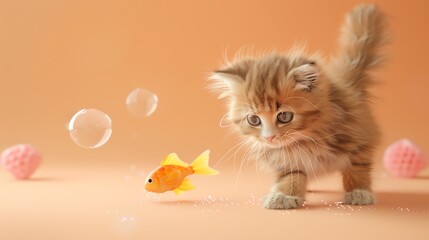 Wall Mural - A fluffy kitten looking at a toy goldfish with soap bubbles in the background.