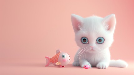 Wall Mural - A white kitten with big blue eyes is looking at a pink fish toy on a pink background.