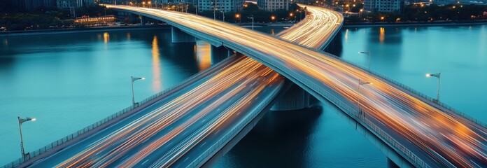 A bridge over a body of water with a city in the background