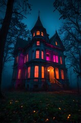 Wall Mural - A spooky Gothic Style mansion in the middle of a dark, foggy forest.