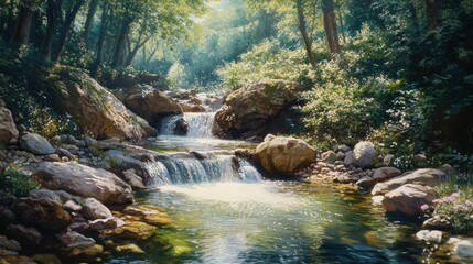 Wall Mural - A Sunny Day in the Forest with a Small Waterfall and Stream