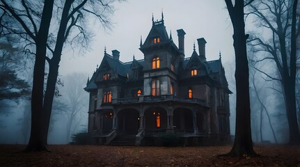 Wall Mural - A spooky Gothic Style mansion in the middle of a dark, foggy forest.