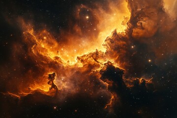 a starry sky with a large orange cloud in the middle