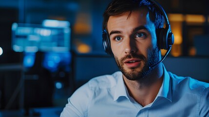 Wall Mural - Close-up Portrait of a Man Wearing Headphones and a Blue Shirt