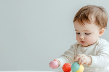 Toddler playing with colorful toys on a light background.