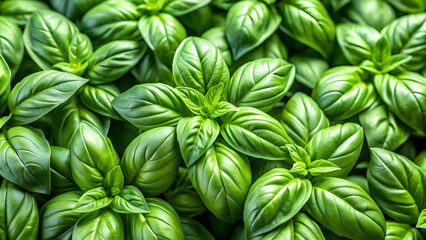 Close up of fresh green basil herb leaves, perfect for culinary or gardening design projects, basil, herb, leaves