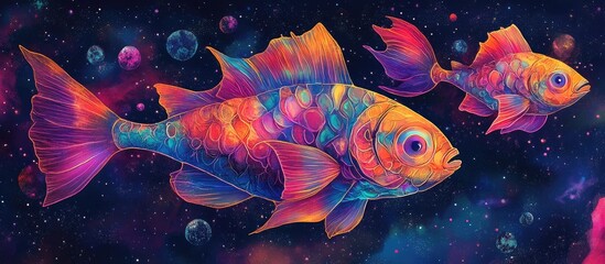 Surreal illustration of fish in space featuring three scalars against a cosmic backdrop