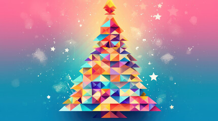 Wall Mural - Illustration of a christmas tree with geometric shapes on a colorful background