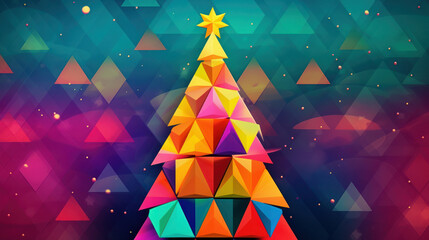 Wall Mural - Illustration of a christmas tree with geometric shapes on a colorful background