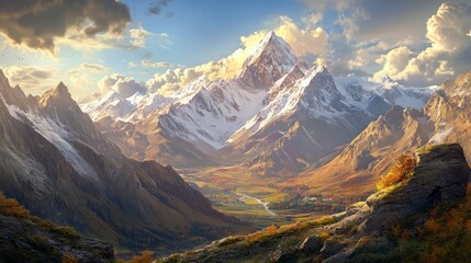 Sticker - Majestic Mountain Range with Snow-capped Peaks and Autumnal Valley