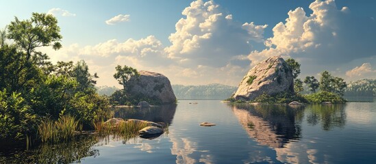 3D landscape illustration featuring two large rocks in the background surrounded by vegetation on tranquil waters under a cloud filled sky during late afternoon