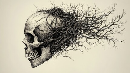 Surreal hand drawn skull entwined with branches