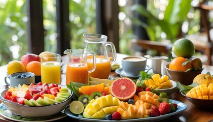 Wall Mural - Colorful and Nutritious Breakfast Spread with Fresh Fruits and Juices