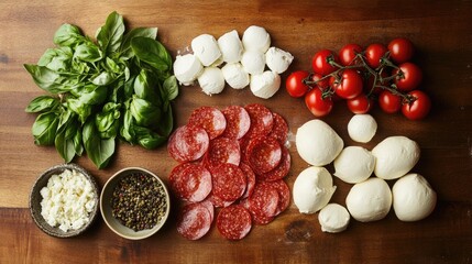 Poster - Fresh pizza ingredients like basil, mozzarella, tomatoes, and pepperoni laid out on a wooden counter, ready to be assembled into a pizza