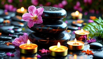 Wall Mural - Tranquil spa setting featuring stacked black massage stones, aromatic candles, and a serene meditation ambiance