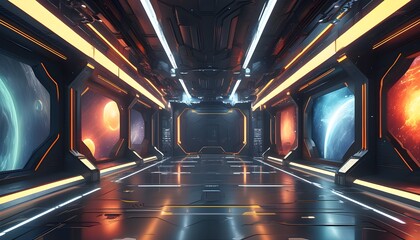 Wall Mural - Futuristic Space Exhibition Interior Featuring Advanced Technology and Innovative Design Elements